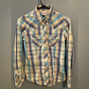 True Religion Women's Snap Up Plaid Shirt Pearl Snaps Western Cotton XS